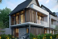 Perbandingan rumah hook dan non-hook modern dengan fasad minimalis dan taman