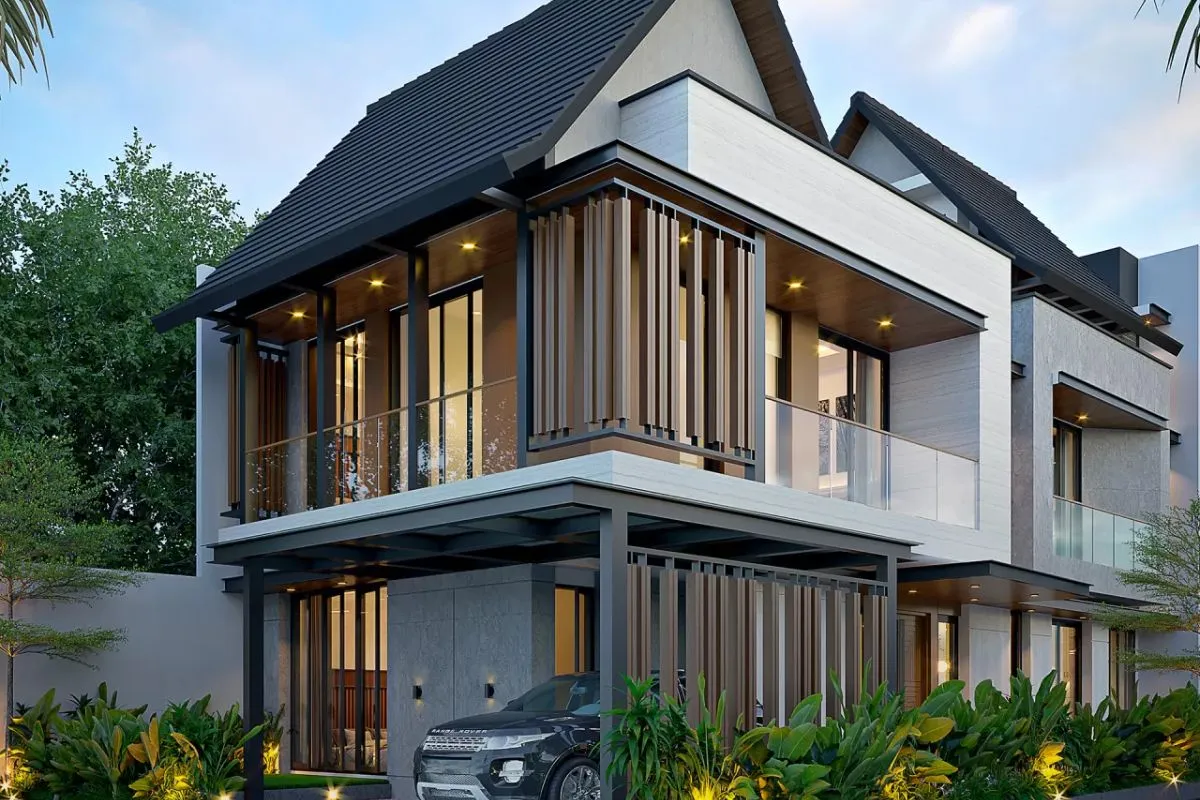 Perbandingan rumah hook dan non-hook modern dengan fasad minimalis dan taman