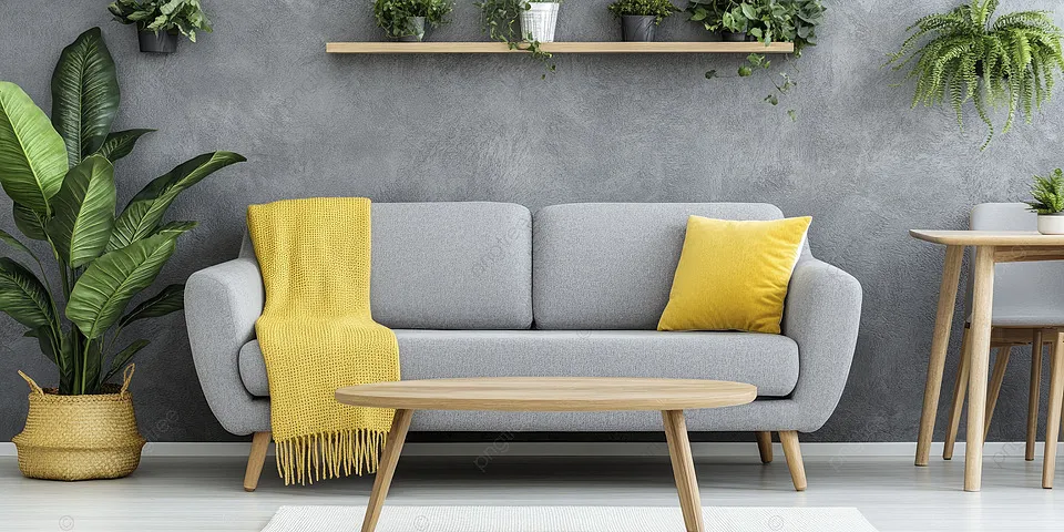 Interior ruang keluarga modern dengan furnitur minimalis, lantai kayu, dan jendela besar menghadap taman, calon pembeli duduk di sofa sambil mengecek smartphone