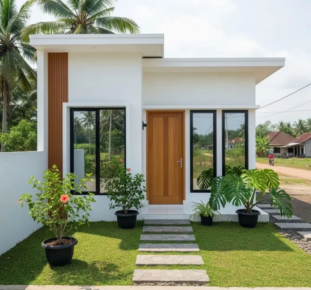 Tampilan eksterior rumah modern terbaru dengan fasad minimalis, garis bersih, dan taman kering