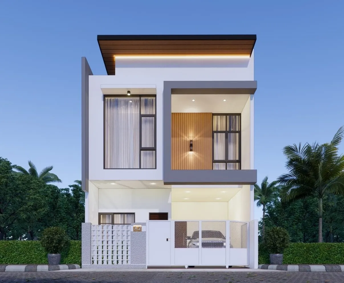 Fasad rumah modern minimalis dengan dinding putih, aksen kayu, dan kanopi beton