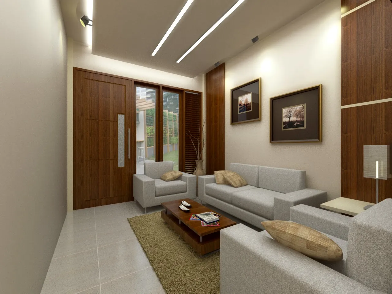 Interior ruang tamu modern dengan dinding putih, sofa abu-abu, dan bantal kuning mustard sebagai aksen