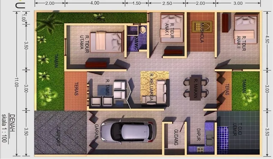 Perbandingan denah rumah modern minimalis 1 lantai dan 2 lantai dengan ruang tamu luas dan taman belakang