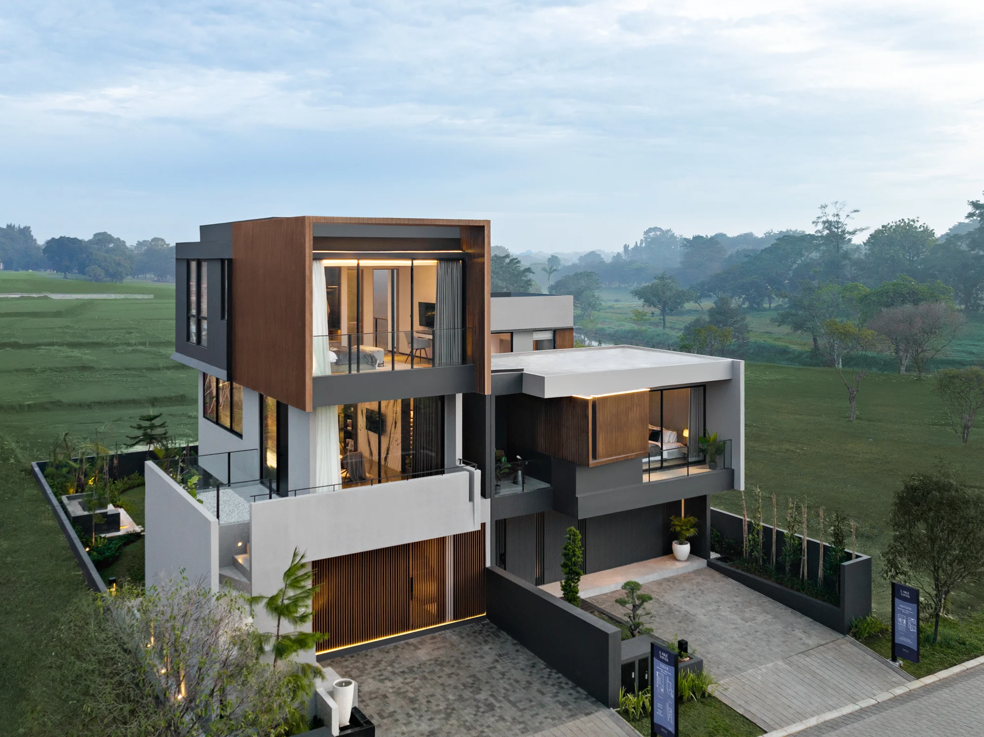 Ilustrasi rumah modern dengan latar kota dan akses jalan tol, mewakili konsep lokasi strategis untuk rumah modern