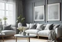 Interior ruang tamu rumah modern dengan sofa abu-abu, meja kayu, tanaman hias, dan jendela kaca besar menghadap taman
