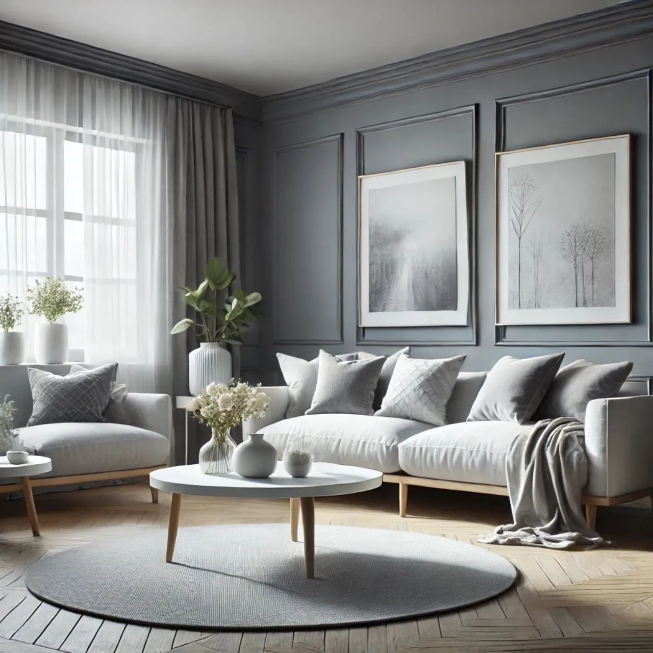 Interior ruang tamu rumah modern dengan sofa abu-abu, meja kayu, tanaman hias, dan jendela kaca besar menghadap taman