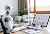 Ilustrasi robot dan manusia duduk bersama di meja kantor, menunjukkan pekerjaan yang digantikan AI