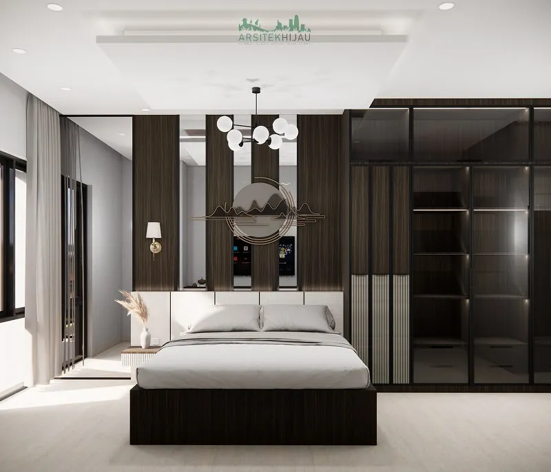Suite kamar tidur utama dengan dinding aksen kayu, linen natural, dan tanaman gantung
